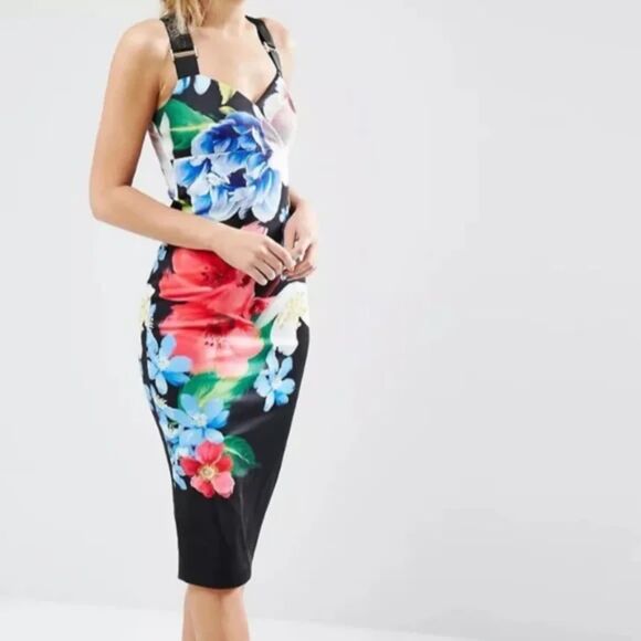 Ted Baker Alexie Floral Print Buckle Cocktail Dress Size 3 US 8 Black party midi - Picture 1 of 4